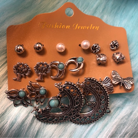 9 Pairs Turquoise Pearl Rhinestones Earrings Set - Picture 2 of 3